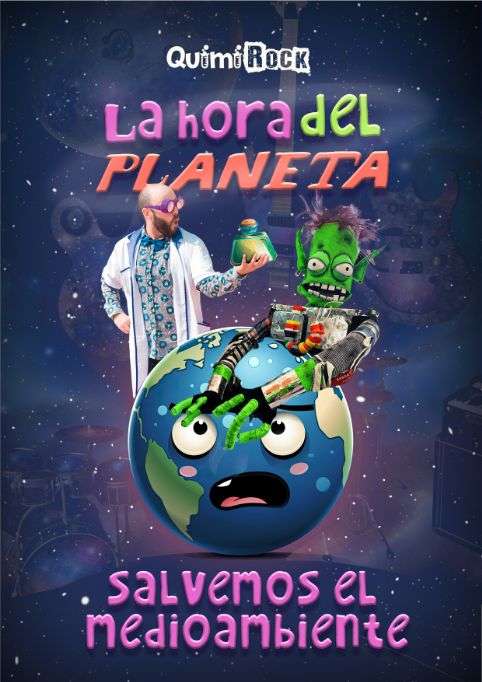 Cartel del espectáculo musical infantil QuimiRock con personajes, logo y decoración llamativa