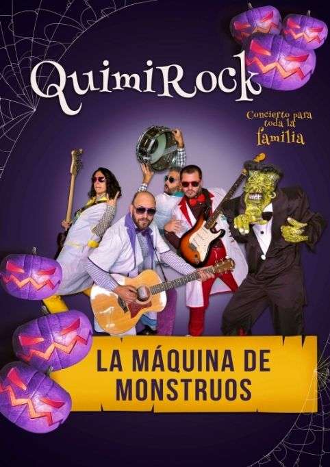 Cartel del espectáculo musical infantil QuimiRock con personajes, logo y decoración llamativa