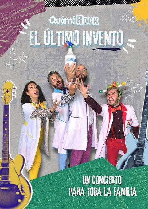 Cartel del espectáculo musical infantil QuimiRock con personajes, logo y decoración llamativa